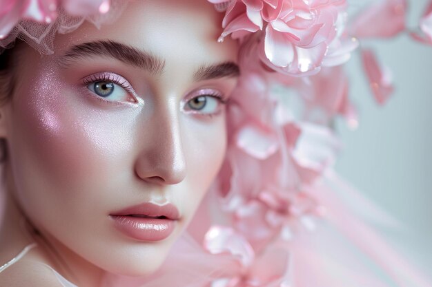 Enchanting Woman in Pink Ethereal Floral Fantasy Portrait