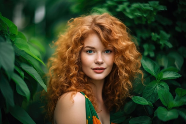 Enchanting Woman with cascading curls and a captivating smile posing in a lush green garden