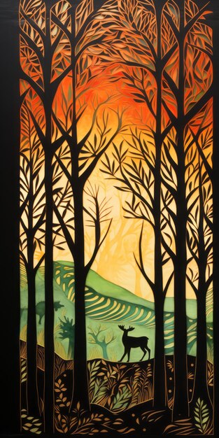 Photo enchanting wood engraving of a sunset scene with trees