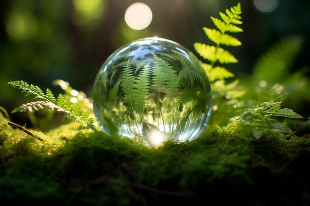 Enchanting World Crystal Earth on Ferns in Green Forest with Sunlight Generative AI