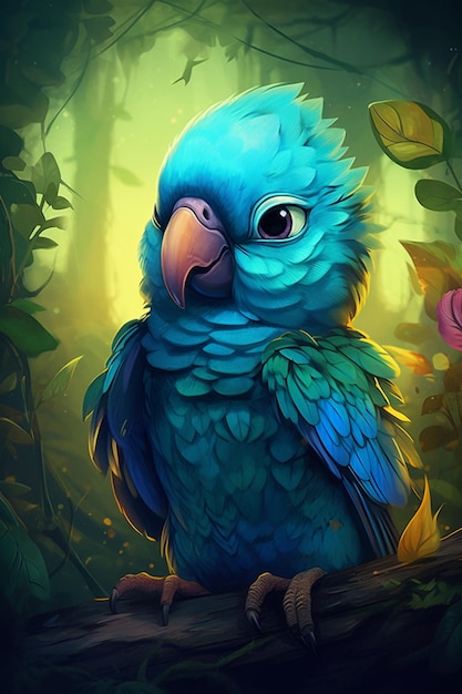 Очаровательный мир маленького попугая Цифровая комическая картина в ярких контрастных цветах