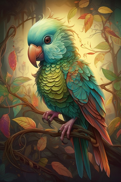 The Enchanting World of the Little Parrot A Digital Comic Painting in Vibrant Contrasting Colors