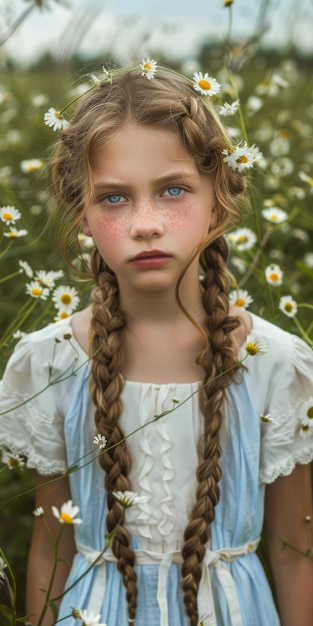 Enchanting Young Girl with Blue Eyes Amidst Daisy Flowers