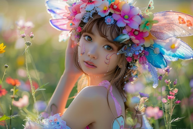 Photo enchanting young woman with colorful floral headpiece and butterfly wings in a dreamy meadow