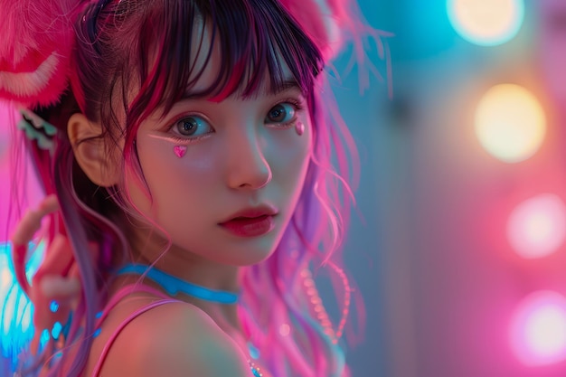 Enchanting Young Woman with Pink Feathers and Neon Lights Urban Fantasy Portrait