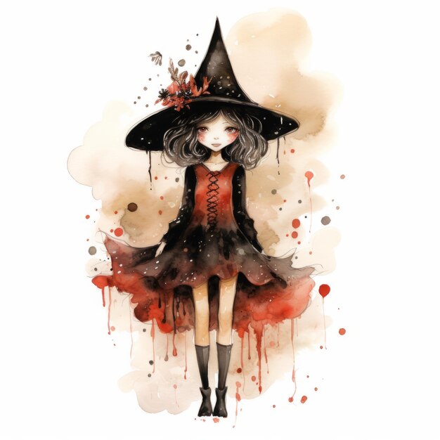 Photo enchantingly adorable a small whimsical witch watercolor illustration in red black and tan on a w