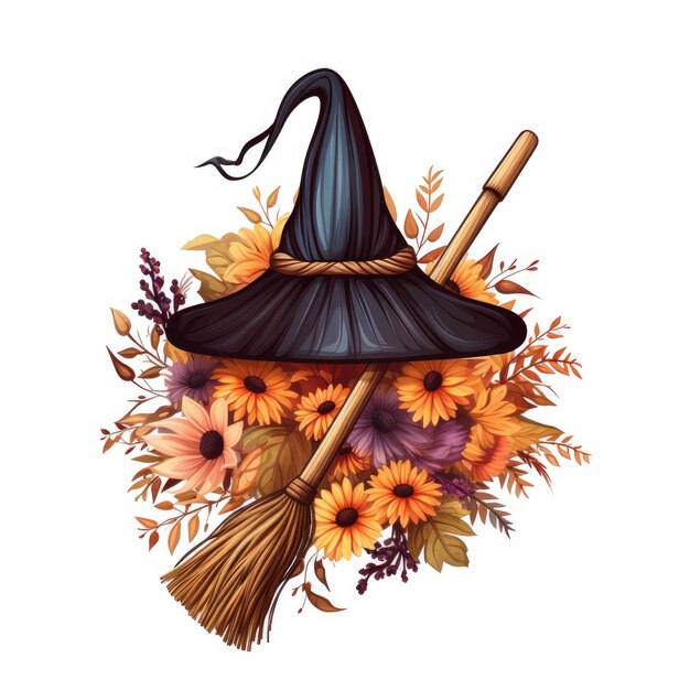 Photo enchantingly cute illustrative thatch broom with witches hat on a white background