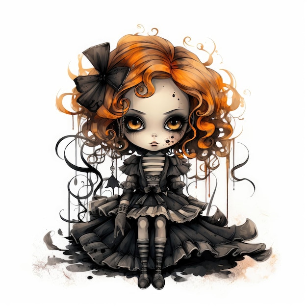 Enchantingly Eerie Halloween Clipart A Whimsical Scary Doll on White Background PNG