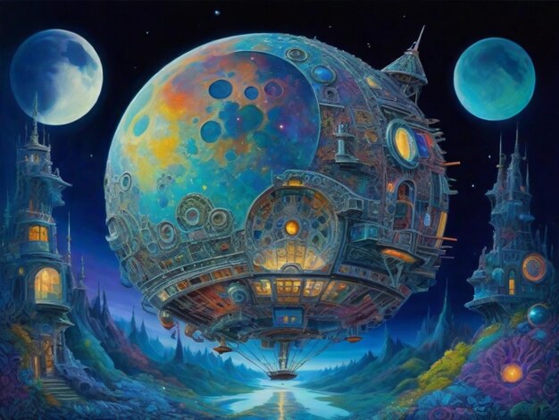 An enchantingly surreal oil painting showcases a bewitching outlandish moon module