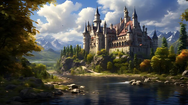 enchantment fantasy world in mystical forest with ancient castle