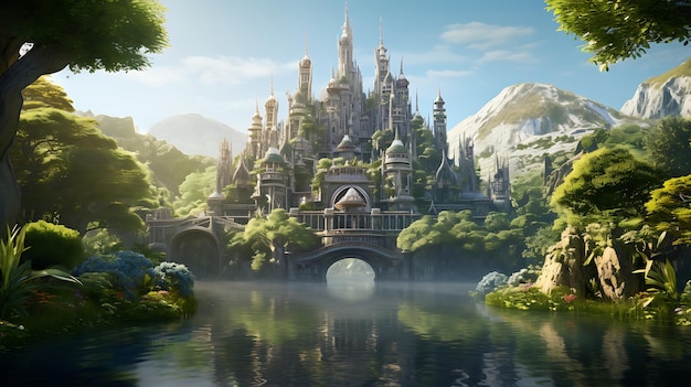 enchantment fantasy world in mystical forest with ancient castle