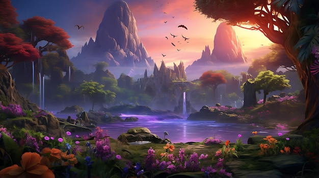 enchantment fantasy world in mystical forest with ancient castle