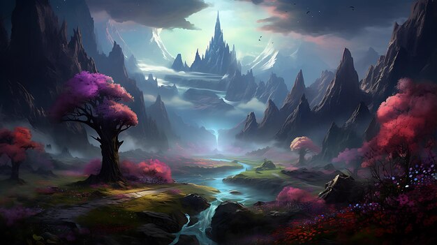 Photo enchantment fantasy world in mystical forest with ancient castle