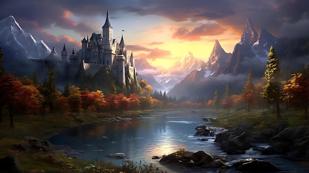 enchantment fantasy world in mystical forest with ancient castle