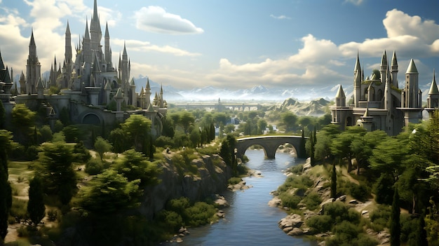 古代の城のある神秘的な森の魅惑的なファンタジーの世界