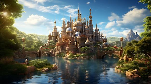 enchantment fantasy world in mystical forest with ancient castle