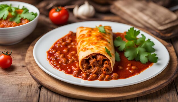 エンチラダ - メキシコ料理の木製のテーブルでトマトソースと牛肉で作られたエンチラダ