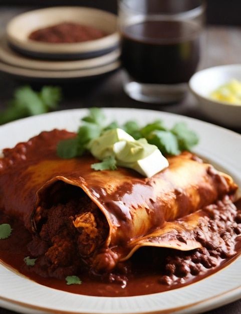 Enchiladas bedekt met molesous op een schotel