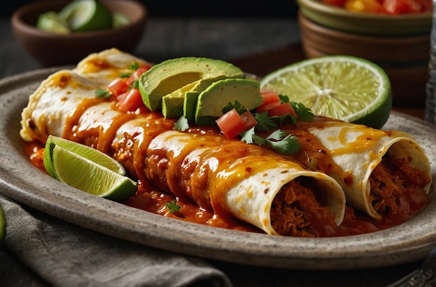 Foto enchilade guarnite con fette di avocado e limone