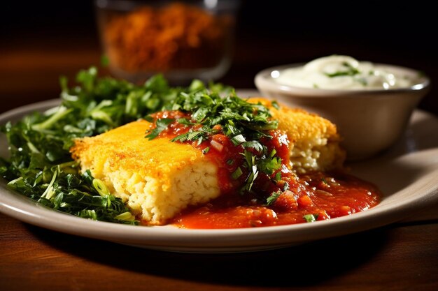 Enchiladas being plated with a side of spicy black beans