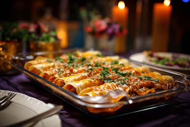 Foto enchiladas die worden geserveerd in een restaurant met uitzicht op de keuken