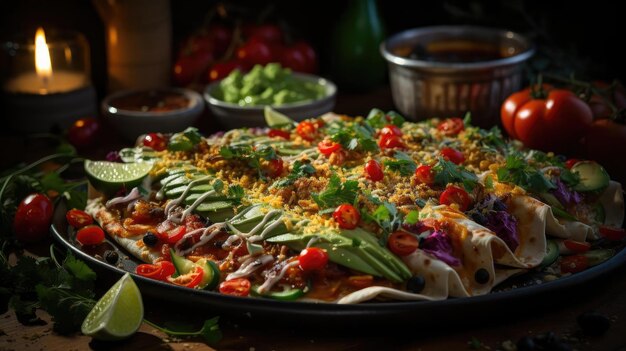 Foto enchiladas gevuld met groenten en vlees met gesmolten mayonaise en pikante saus op een houten bord