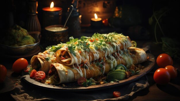 Enchiladas gevuld met groenten en vlees met gesmolten mayonaise op een houten tafel