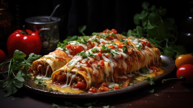 Enchiladas gevuld met groenten en vlees met gesmolten mayonaise op een houten tafel