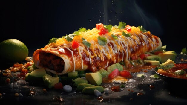 Enchiladas gevuld met groenten en vlees met gesmolten mayonaise op een houten tafel