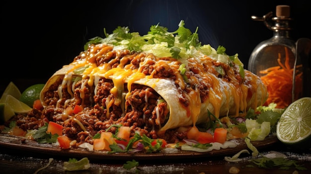 Enchiladas gevuld met groenten en vlees met gesmolten mayonaise op een houten tafel