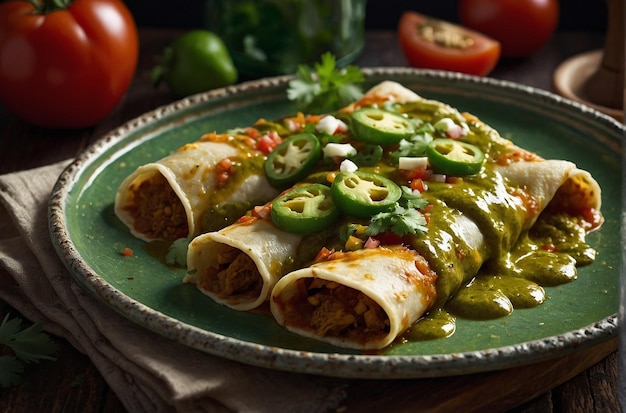 Foto enchiladas servite con un lato di salsa verde piccante