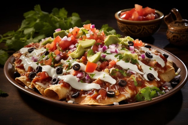 Enchiladas served with a variety of colorful toppings