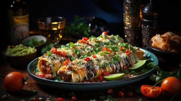 enchiladas stuffed with vegetables and meat with melted mayonnaise and spicy sauce on a wooden plate