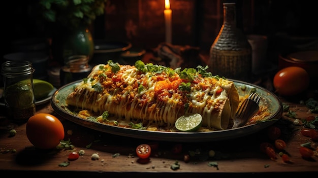 enchiladas stuffed with vegetables and meat with melted mayonnaise on a wooden table