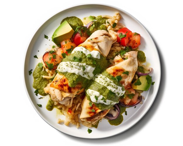 Foto enchiladas verdes kleurrijk en levendig met kip en pittige groene saus generative ai