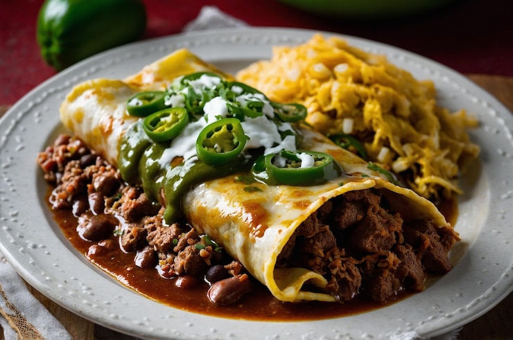 Photo enchiladas with spicy beef beans and tangy green chili sauce