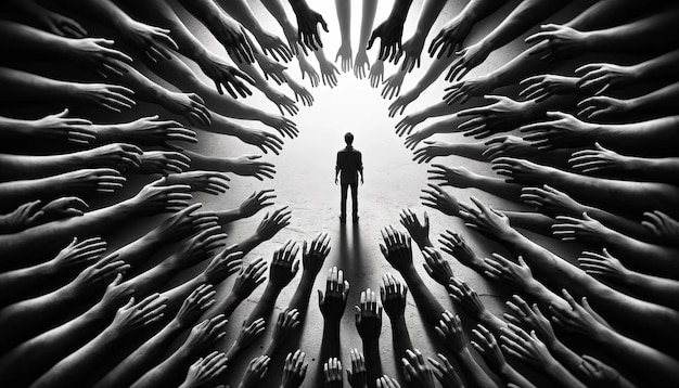 Photo encircled by desperation black and white image of person surrounded by hands