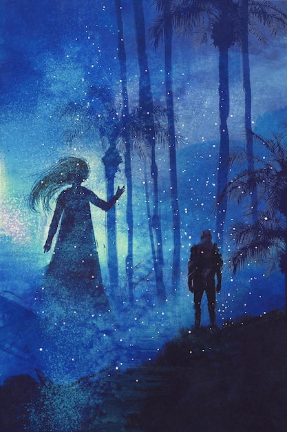 encounter between man and ghost in mysterious dark forest,illustration painting