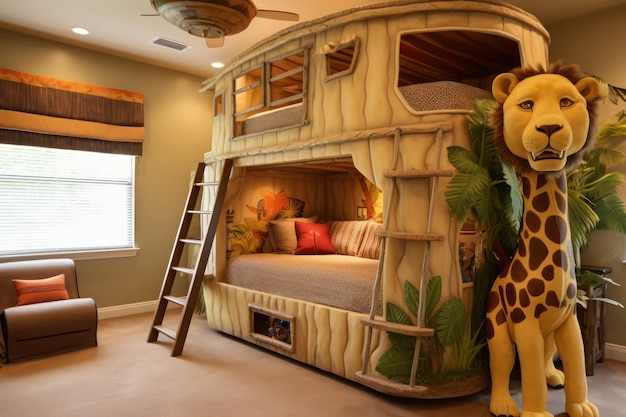 사파리 지프 침대 동물 인쇄 및 사파리 테마 장식이있는 이 젊은 탐험가 어린이 방에서 탐험을 장려합니다.