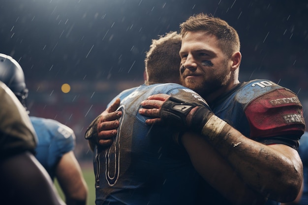 Photo encouraging hug between teammates before a generative ai