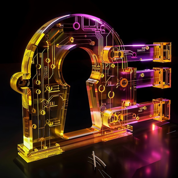 Photo encryption gate with cryptographic keys and magenta ciphers glowing object y2k neon art design