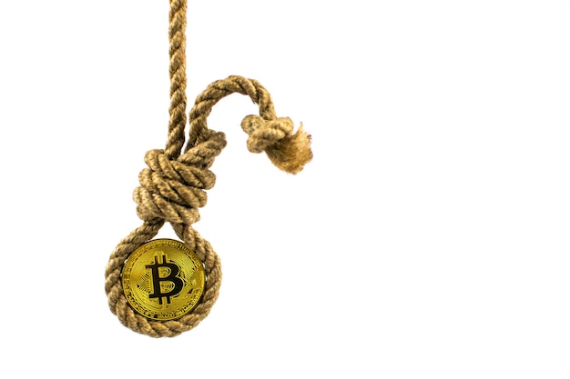 End of bitcoin Coin bitcoin in the gallows on a white background Isolated