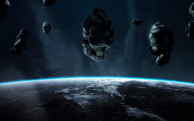 Fine della terra. apocalisse, asteroide fa esplodere il pianeta. pioggia di meteoriti. elementi di questa immagine forniti dalla nasa