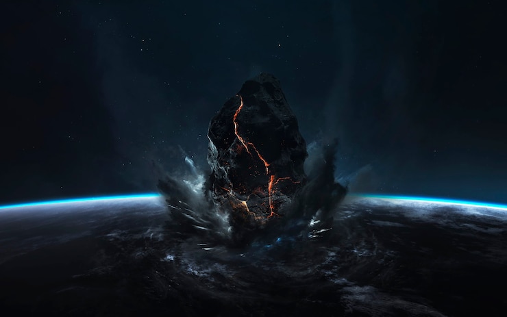 Photo end of earth. apocalypse, asteroid explodes the planet. meteorite shower. elements of this image furnished by nasa