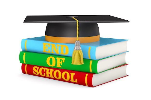 End of school Graduation cap and pile books on white background Isolated 3D illustration