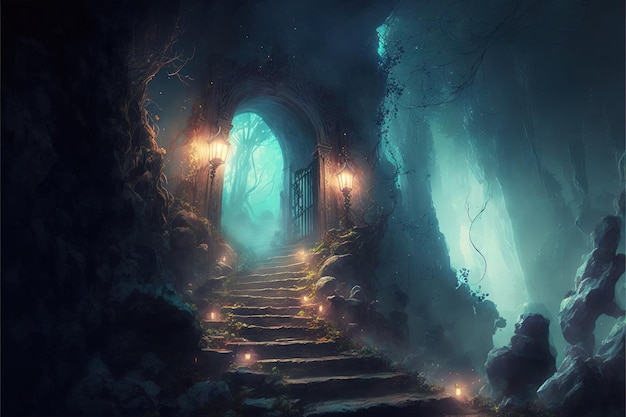 End of a tunnel to a Dark Mystical stairs in a fairy fantasy forest Digital illustration AI