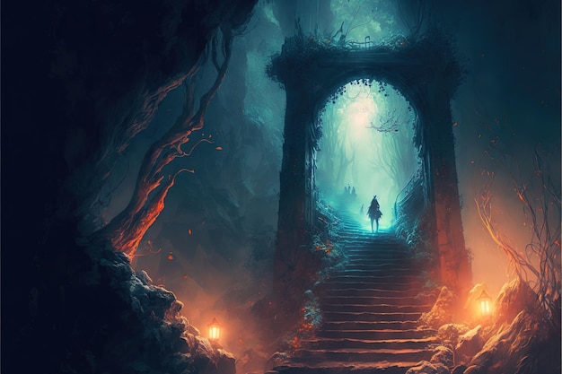 End of a tunnel to a dark mystical stairs in a fairy fantasy forest digital illustration ai