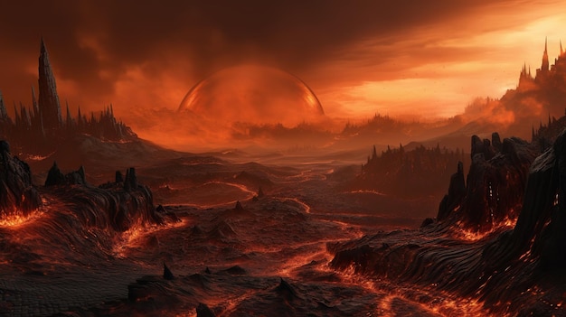 End of the world the apocalypse Armageddon Lava flows flow across the planet hell on earth