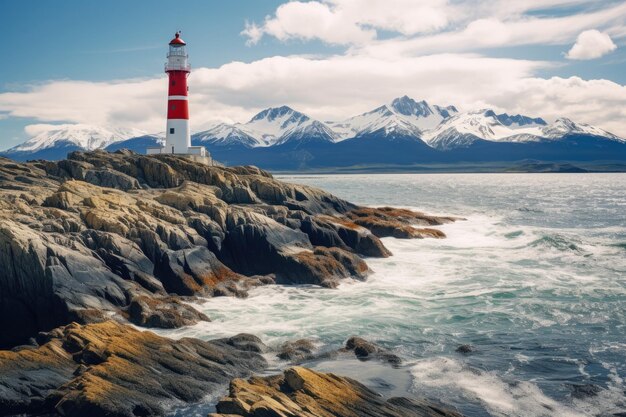 Photo the end of the world lighthouse tower on argentine coastal white shore beagle channel in ushuaia