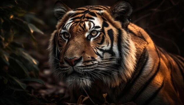 Endangered big cat staring close up portrait of majestic tiger generated by artificial intelligence